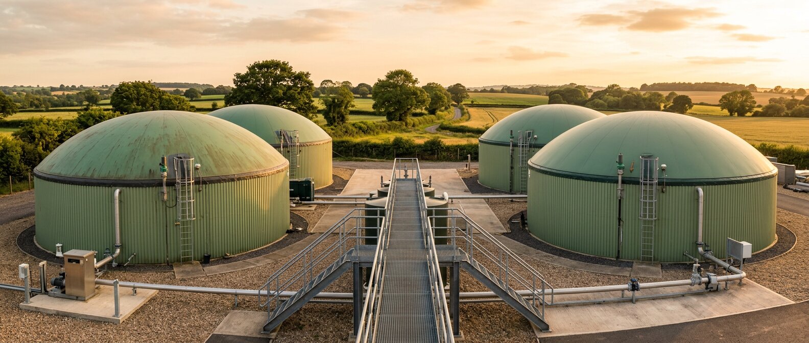 Four green biogas digester tanks at a UK AD facility at golden hour, with a steel walkway between them