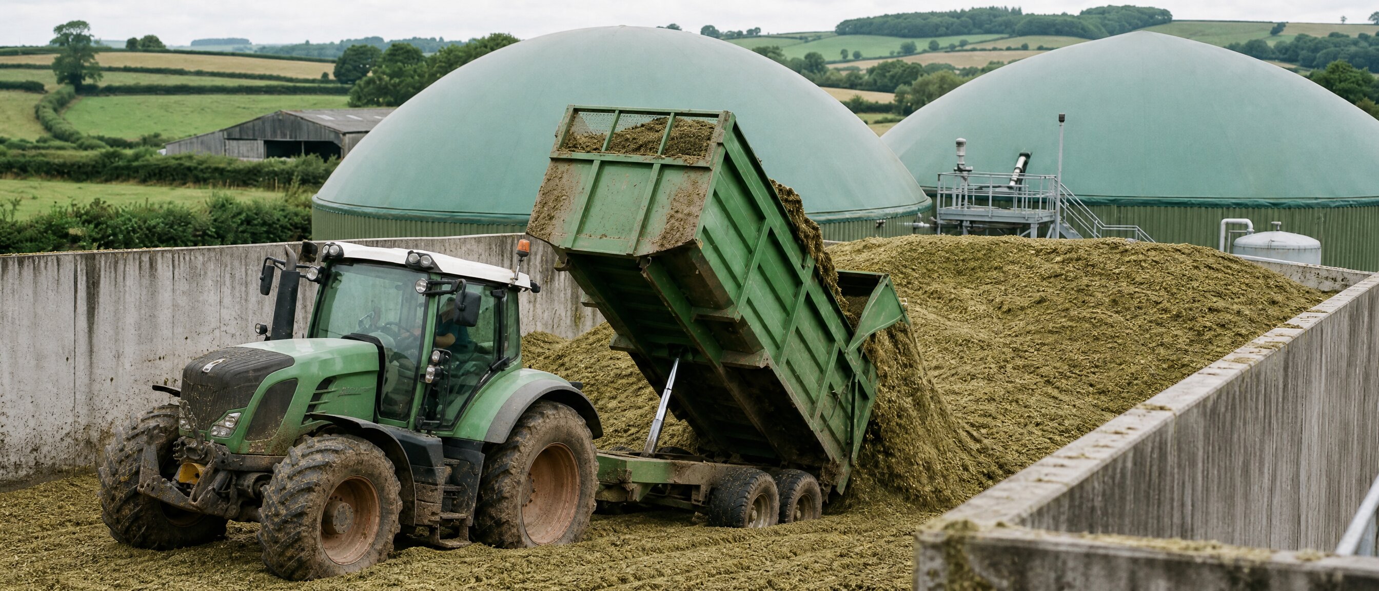 Tractor tipping chopped maize silage into a large clamp at a UK anaerobic digestion plant