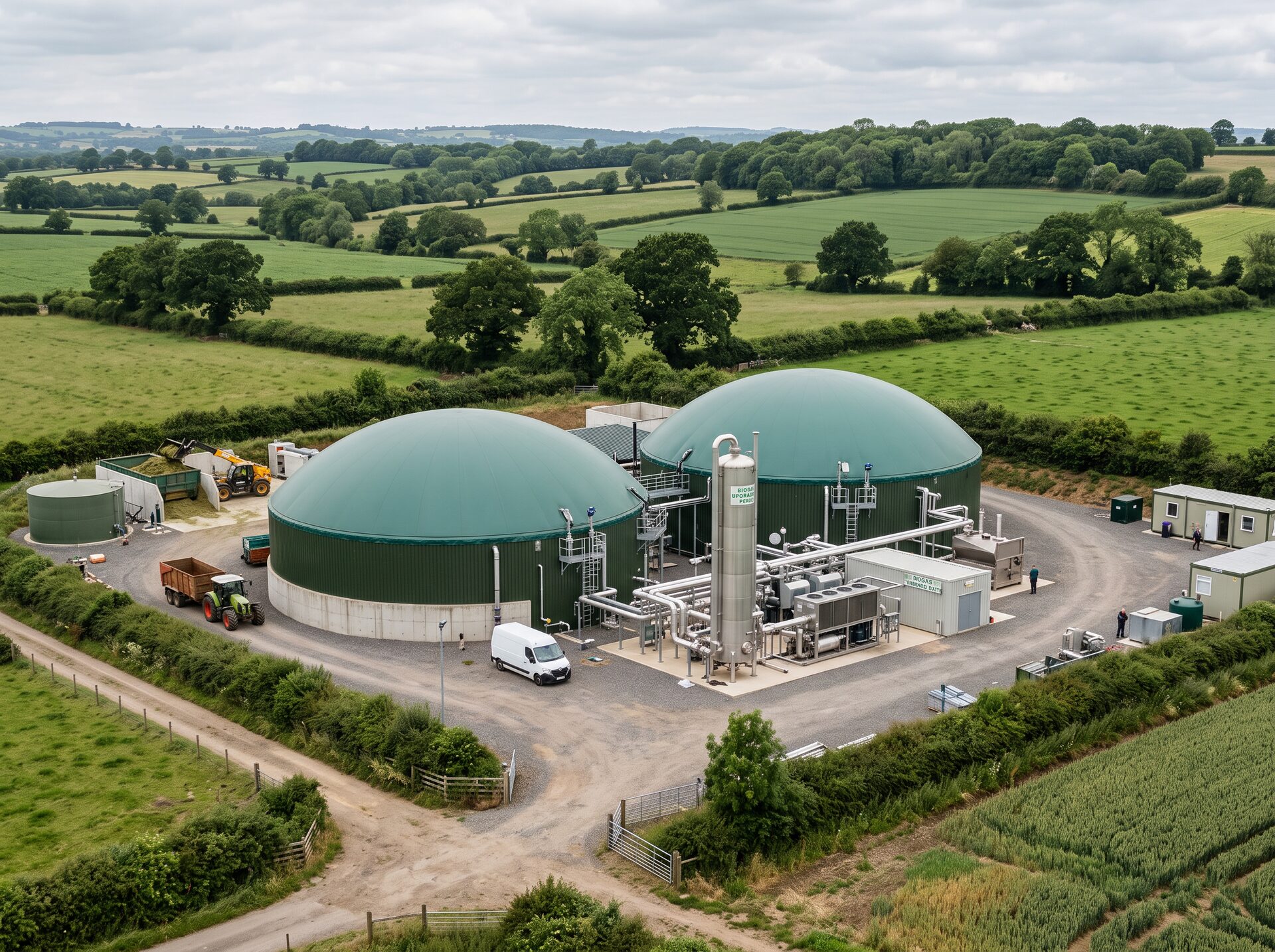 Anaerobic digestion biogas plant with green dome digesters set in UK farmland