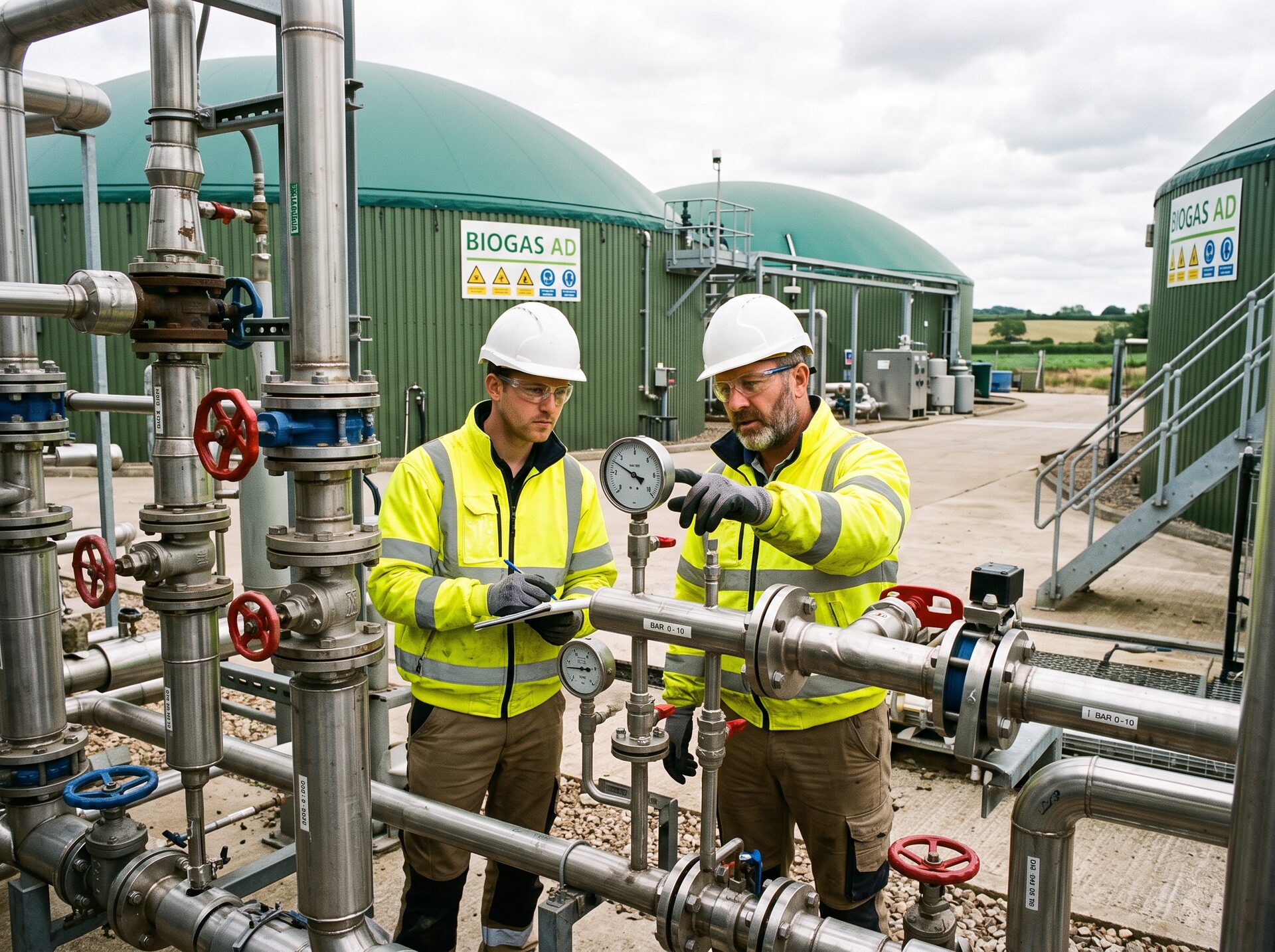 Plant operators in hi-vis inspecting pipework and valves at an anaerobic digestion plant